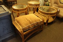 Three circular cane and glass inset top conservatory tables and stool (4).