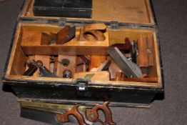 Tool box containing collection of planes and saws (box 30cm by 66cm by 31cm).