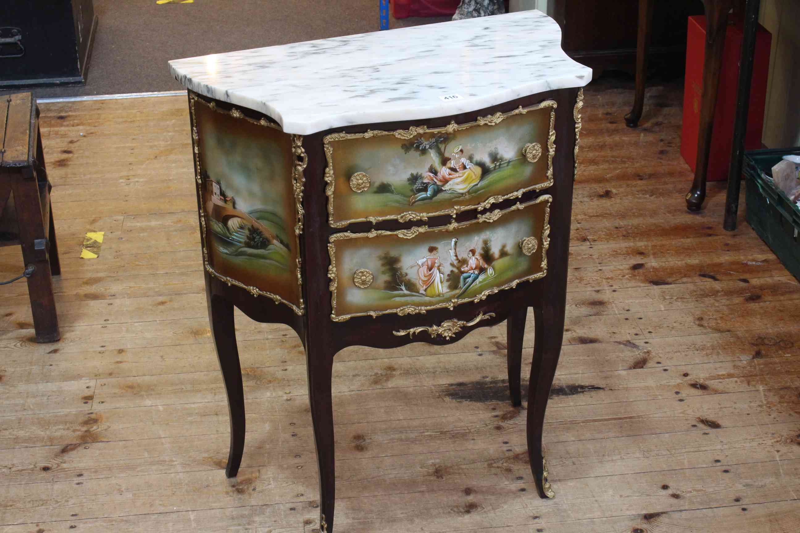 Continental marble topped and painted two drawer serpentine front chest,