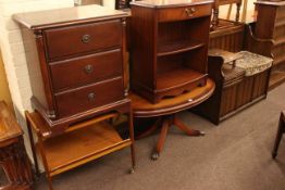 Three drawer pedestal chest, teak trolley, Strongbow side cabinet, oval coffee table,