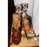 Pair of copper lustre Staffordshire dogs, Beswick and Kingston Pottery Yorkshire Terriers,