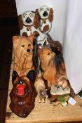 Pair of copper lustre Staffordshire dogs, Beswick and Kingston Pottery Yorkshire Terriers,