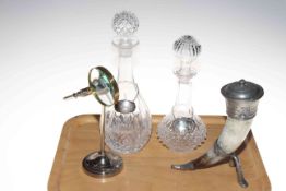 Two glass decanters and stoppers with silver sherry labels,