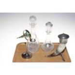 Two glass decanters and stoppers with silver sherry labels,