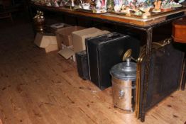 Brass spark guard, coal scuttle, cased Singer sewing machine, trumpet, books, music, etc.