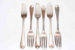 Six George III silver Old English pattern dessert forks, London 1812 and 1818.