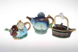 Three Minton novelty limited edition teapots including cat and mouse, Chinaman and fish teapot,