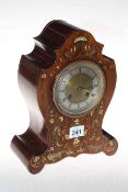 19th Century rosewood mantel clock, inlaid with mother of pearl, ivory, brass and woods, 27cm.