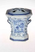 Chinese blue and white two handled flower vase of waisted form decorated with panels and applied