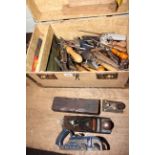 Box containing Stanley plane, Record plane, chisels, etc (box 29cm by 50cm by 30cm).