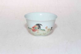 Chinese tea bowl painted with cockerel, hen and chicks, six character mark, 8.5cm diameter.