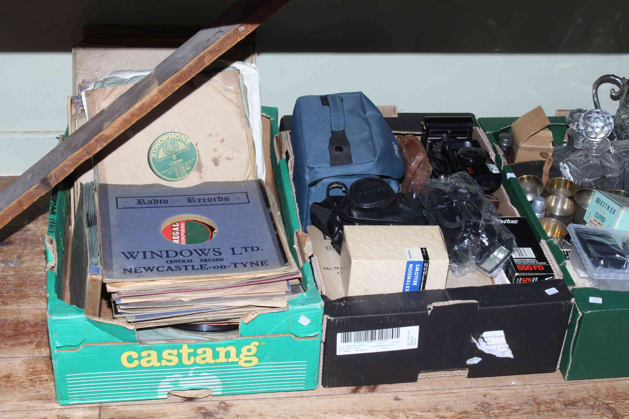 Five boxes of gramophone records, cameras (Vivitar, Kershaw etc), metalwares (binoculars, flask), - Image 2 of 3