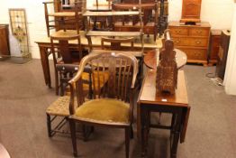 Two Victorian tripod tables, small oak drop leaf table, two chairs, coffee table,