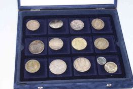 Collection of silver coins including 1921 Morgan US Dollar, 1896 Russia mounted coin,