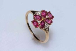 Rubelite and zircon 9k gold ring, size R/S, with certificate.