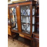 Edwardian inlaid mahogany two door vitrine on square tapering legs joined by undershelf,