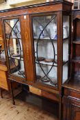 Edwardian inlaid mahogany two door vitrine on square tapering legs joined by undershelf,