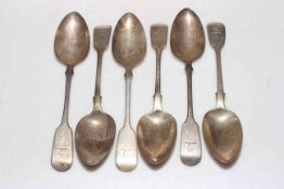 W.R. Smily silver set of six tablespoons, fiddle pattern, London 1844.