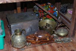 Collection of metalwares including coal box, jam pan, kettle, carved wood, hand painted tray.