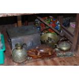 Collection of metalwares including coal box, jam pan, kettle, carved wood, hand painted tray.