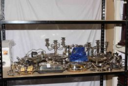 Collection of silver plated wares including tureens, teapots, candelabras.