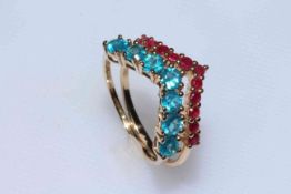 Two 9 carat gold wishbone rings, set with rubies and neon apatite, sizes P/Q (one certificate).