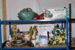 Collection of statue ornaments, Qualcast lawn scarifier cassette, plates, Tefal toaster oven,