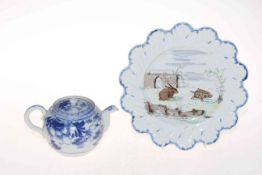 Oriental blue and white teapot and French tortoise and hare plate (2).