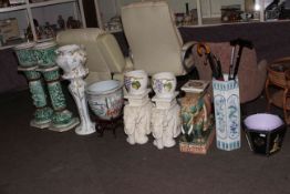 Three elephant stools including pair, fish bowl and stand, three jardinieres and stands,