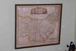 Robert Morden, framed map of Suffolk, 41cm by 47cm including frame.