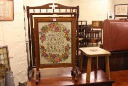 Yorkshire rose adze cut stool, two firescreens and gilt framed picture (4).