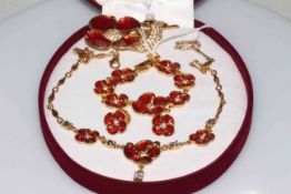 Set of red poppy enamel remembrance jewellery comprising necklace, bracelet,