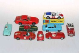 Collection of eight Corgi model cars including boxed Porsche Carvera 6, and one Dinky Jaguar D (9).