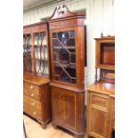 Victorian inlaid mahogany astragal glazed door top standing corner cabinet, 210cm high.