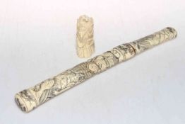 Bone handled knife and scabbard with figure decoration, length 33cm,