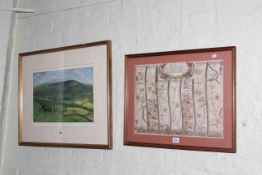 Framed Whitby to Durham map and Piers Browne limited edition print, Baling Up in Walden,