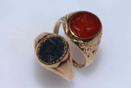 Two 9 carat gold stone set signet rings.