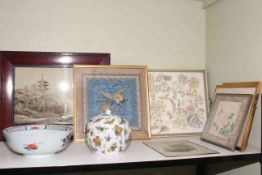 Five chinoiserie embroidered and watercolour pictures, tray, jar and cover, and antique bowl (8).