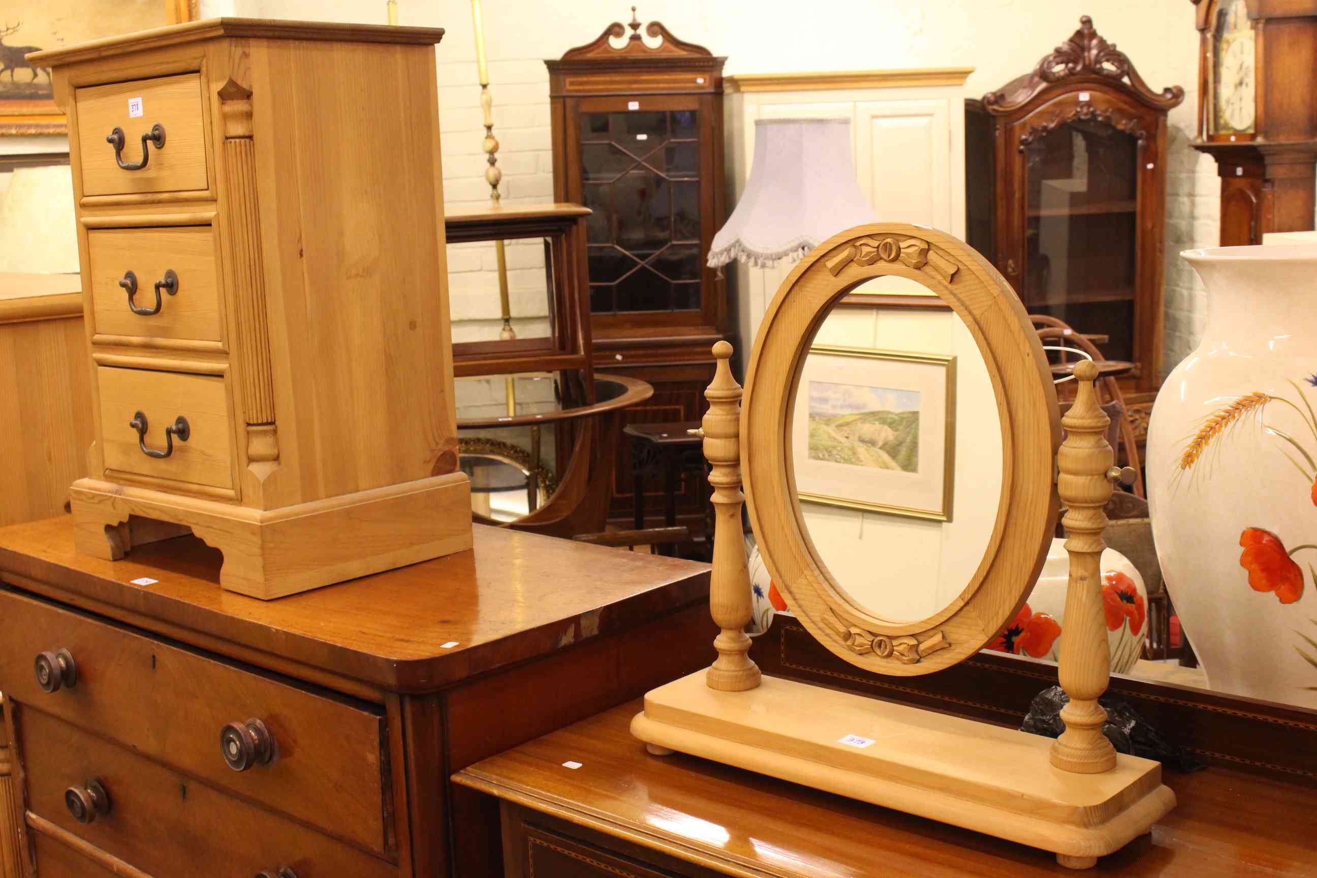 Pine kneehole pedestal desk, blanket chest, three drawer pedestal chest and dressing mirror. - Image 2 of 2