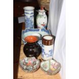 Three Chinese vases and bow, two dishes and pottery vase (7).