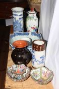 Three Chinese vases and bow, two dishes and pottery vase (7).