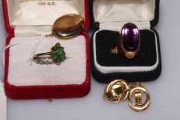 Two 18 carat gold rings, 9 carat gold ring and locket, and pair of gilt earrings (5).