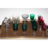 Collection of antique glasses including rummer and coloured wine goblets.