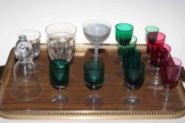 Collection of antique glasses including rummer and coloured wine goblets.