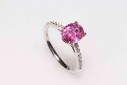 18 carat w2100 hite gold, pink sapphire and diamond ring, sapphire approximately 2.94 carat, size L.