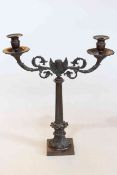 19th century bronze two branch winged mask candelabrum, 46cm.