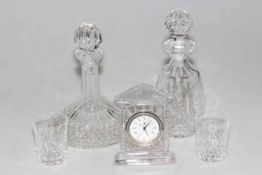 Waterford ships decanter, spirit decanter and two tumblers and mantel clock (5).