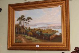 Gilt framed pastel of river landscape, 54cm by 72cm including frame.