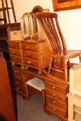 Pine dressing table and stool, pair of three drawer pedestal chests, headboard,