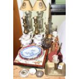 Collection of wares including brass candlesticks, Pelham puppet, small silver frame,